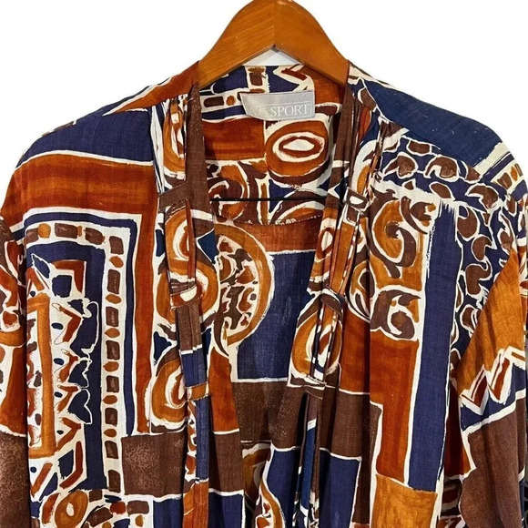AC Sport Vintage Button Up Blouse Brown Blue Boho 70s Shoulder Pads Rayon Retro - Picture 3 of 7